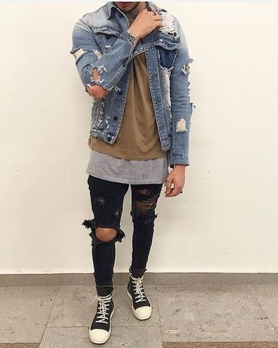 Camisa jeans top rasgado masculino